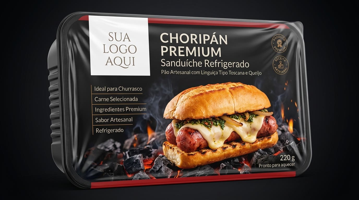 Embalagem de choripan premium com espaço para a sua marca, marca própria Chef Foods